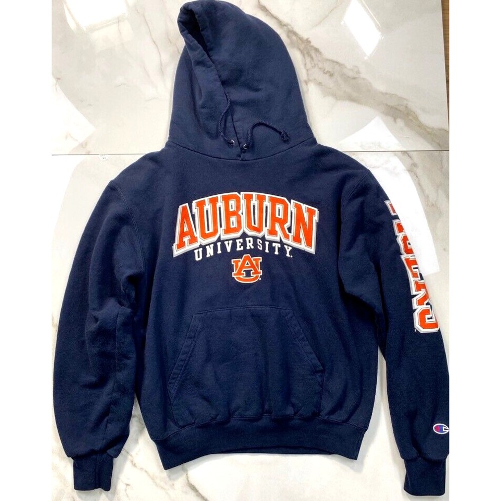 VTG Champion Sweatshirt Mens Small Auburn University Tigers Blue Pockets Hoodie